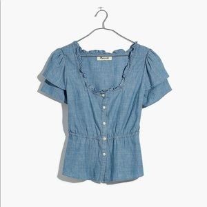 NWT Madewell Chambray Ruffle Sleeve Peplum Top